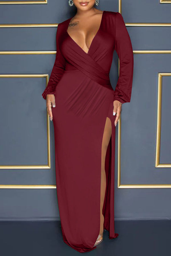 Balloon Sleeve V Neck Solid Color Slit Maxi Dress-yoyobikini