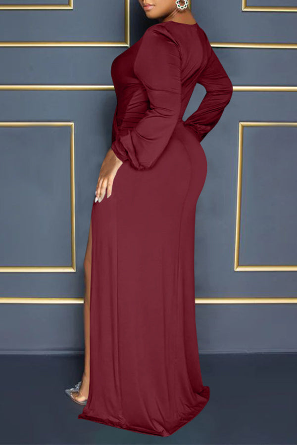 Balloon Sleeve V Neck Solid Color Slit Maxi Dress-yoyobikini