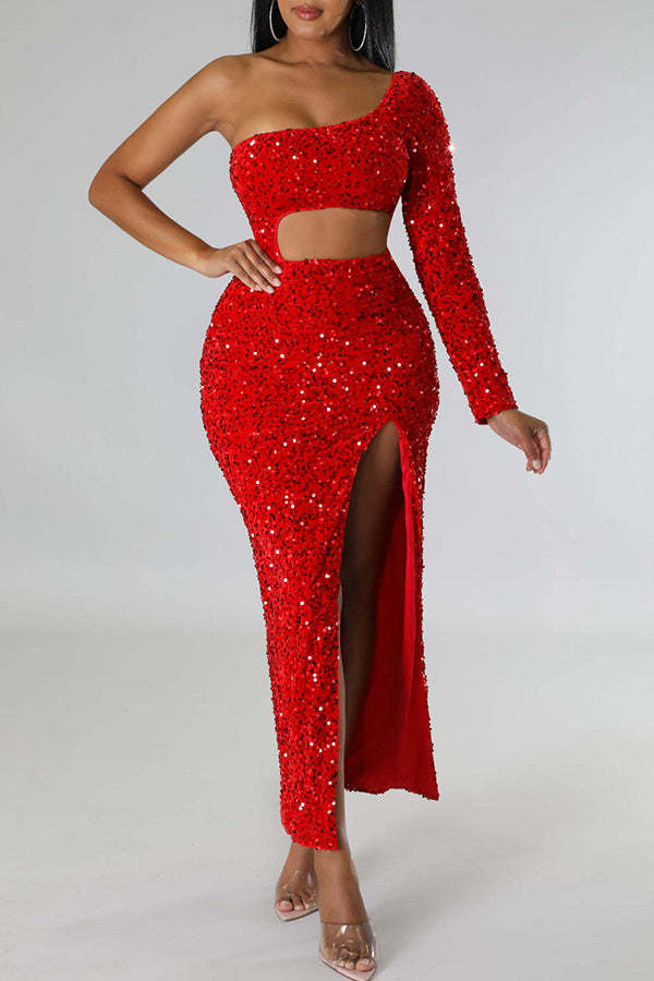 One Shoulder Hollow Long Sleeve High Slit Sequin Maxi Dress