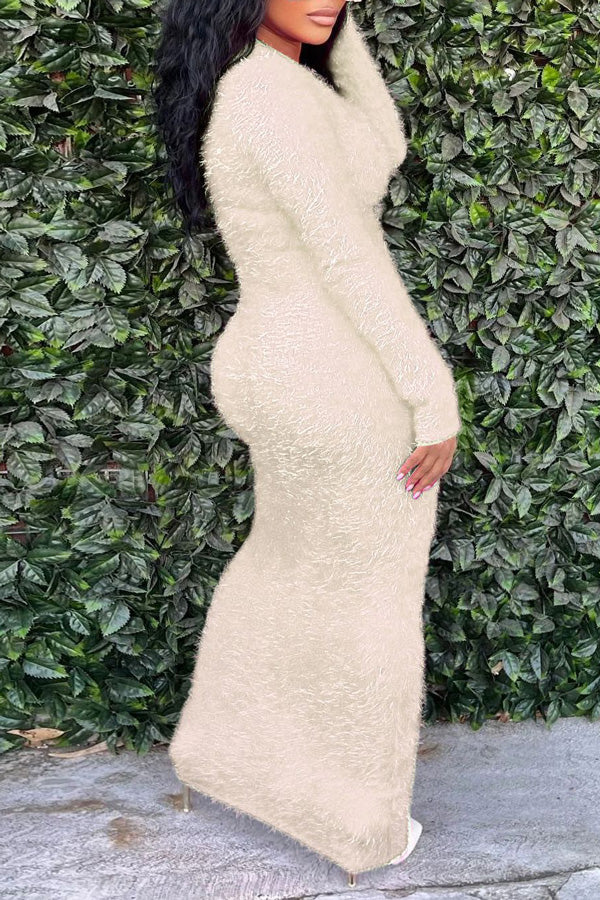 Casual Round Neck Long Sleeves Fur Midi Dress-yoyobikini