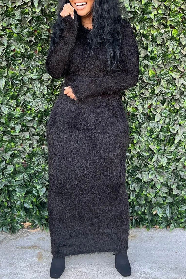 Casual Round Neck Long Sleeves Fur Midi Dress-yoyobikini