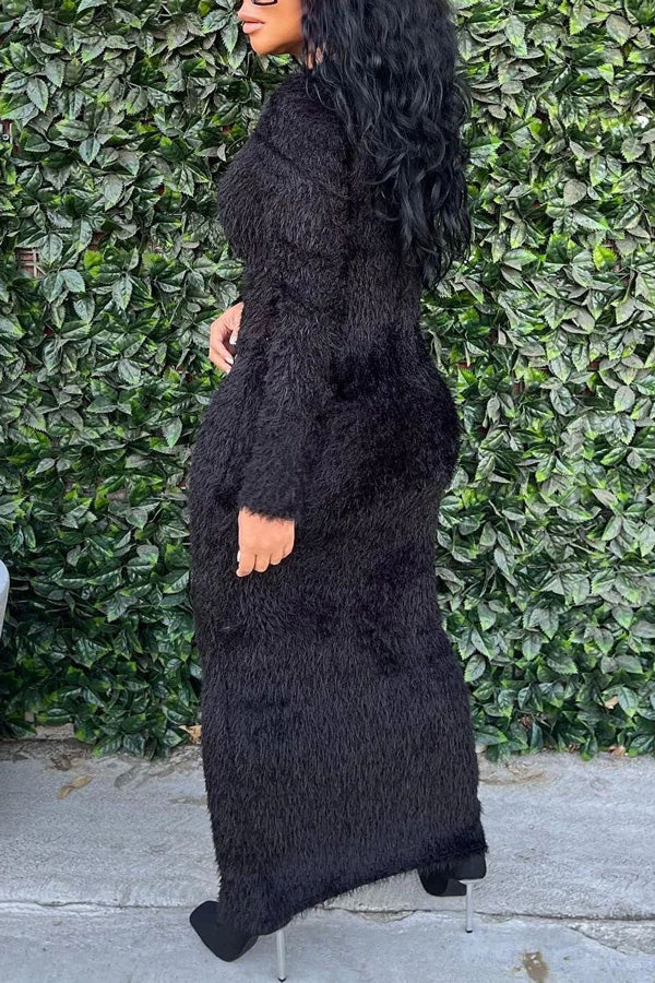 Casual Round Neck Long Sleeves Fur Midi Dress-yoyobikini