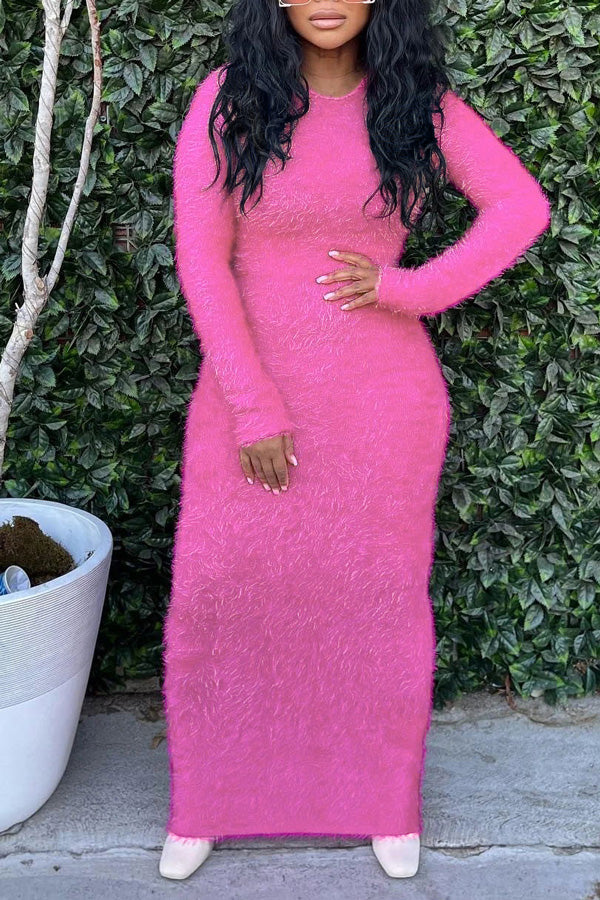Casual Round Neck Long Sleeves Fur Midi Dress-yoyobikini