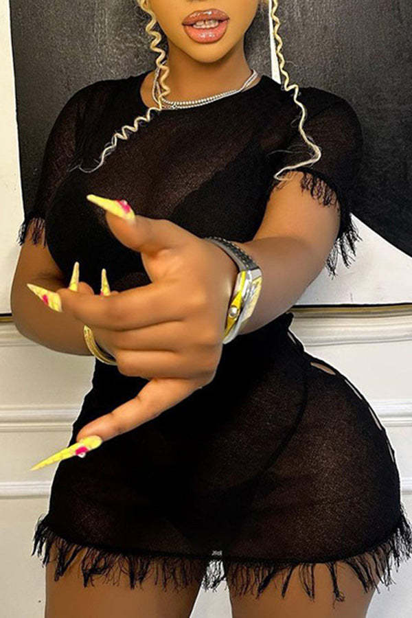 Sheer Crew Neck Plain Fringe Short Sleeve Mini Dress-yoyobikini