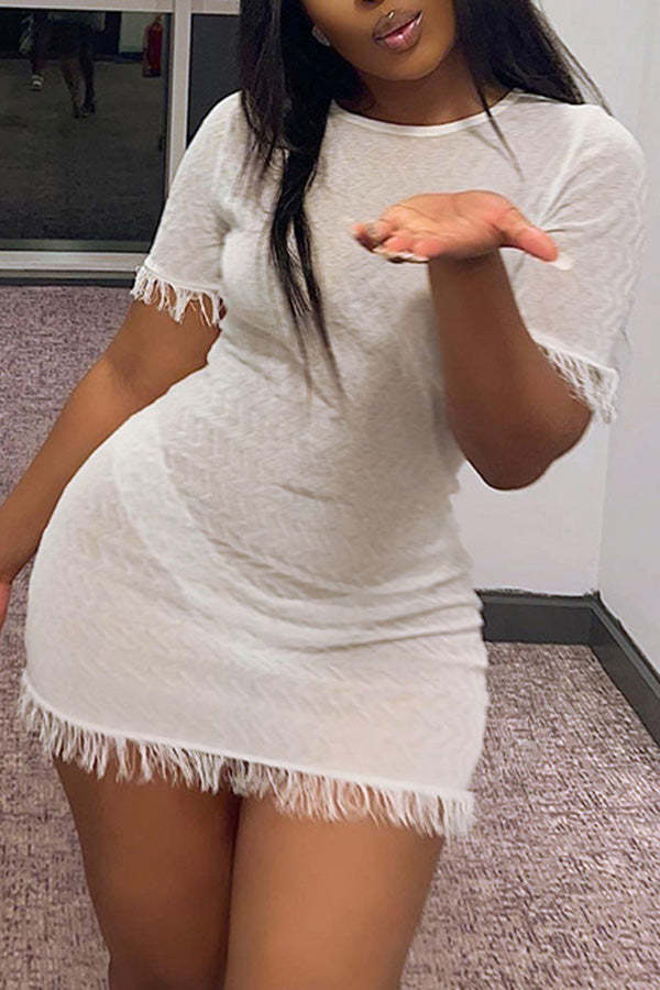 Sheer Crew Neck Plain Fringe Short Sleeve Mini Dress-yoyobikini