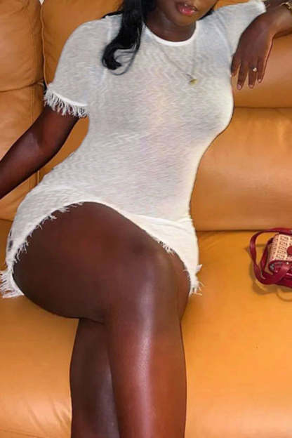 Sheer Crew Neck Plain Fringe Short Sleeve Mini Dress-yoyobikini