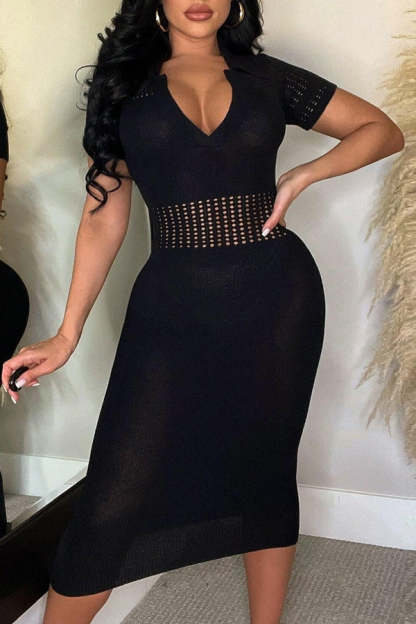 Ice Silk Lapel Ripped Slim Fit Midi Dress-yoyobikini