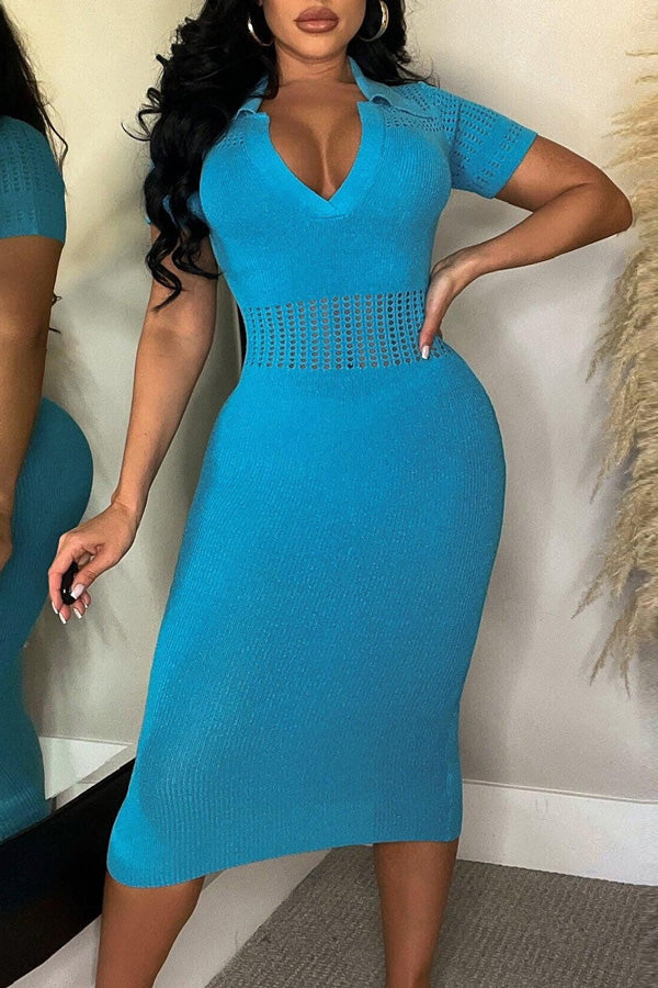 Ice Silk Lapel Ripped Slim Fit Midi Dress-yoyobikini