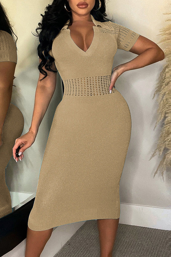 Ice Silk Lapel Ripped Slim Fit Midi Dress-yoyobikini