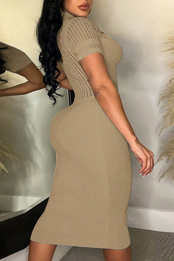 Ice Silk Lapel Ripped Slim Fit Midi Dress-yoyobikini