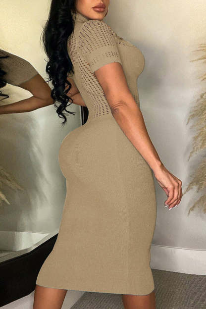 Ice Silk Lapel Ripped Slim Fit Midi Dress-yoyobikini