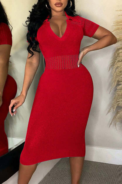 Ice Silk Lapel Ripped Slim Fit Midi Dress-yoyobikini