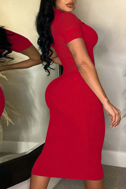 Ice Silk Lapel Ripped Slim Fit Midi Dress-yoyobikini