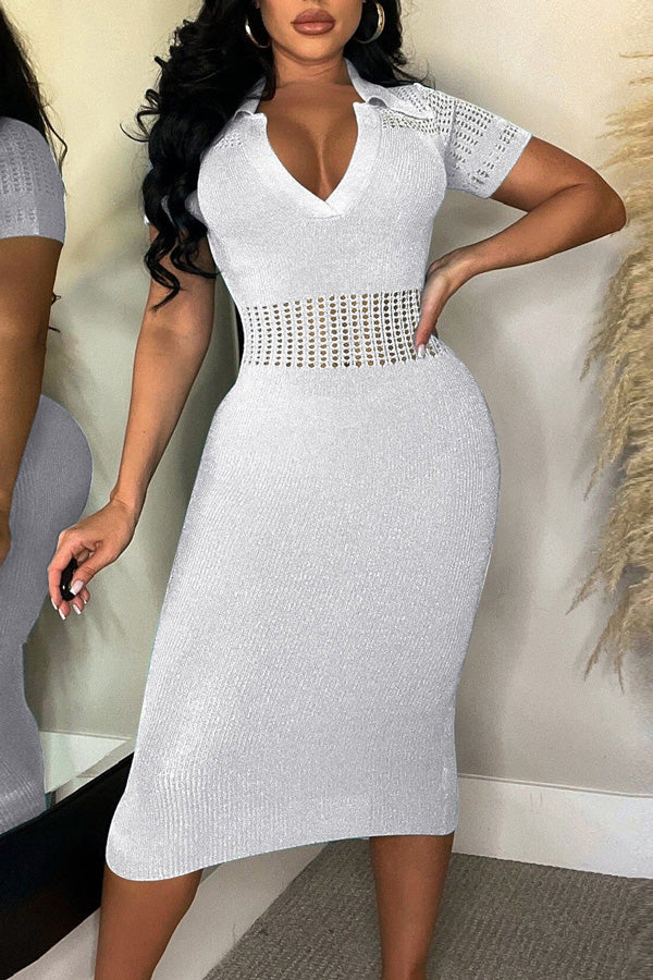 Ice Silk Lapel Ripped Slim Fit Midi Dress-yoyobikini