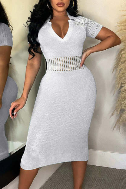 Ice Silk Lapel Ripped Slim Fit Midi Dress-yoyobikini