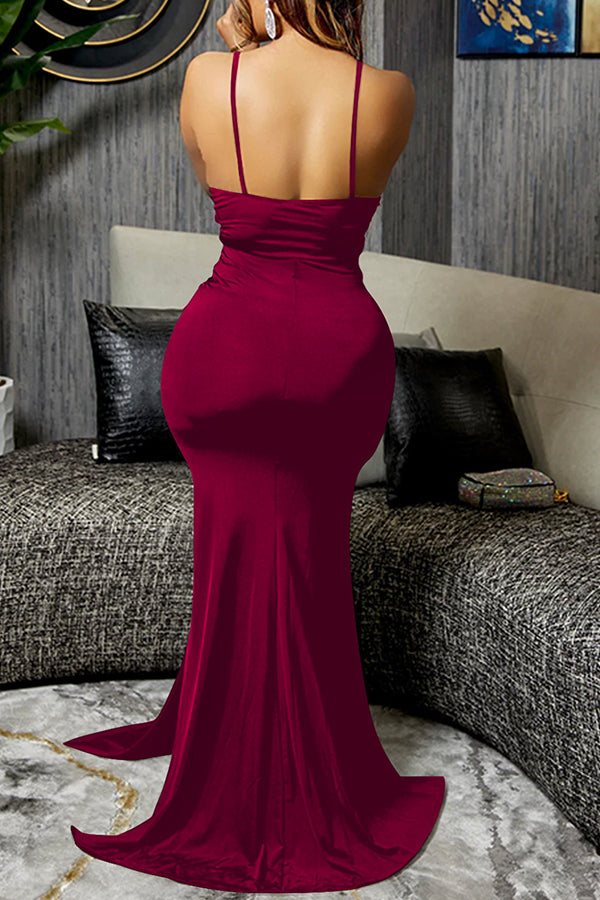 Fashion Solid Color Elegant Sexy V-Neck Sling Irregular Drape Long Dress-yoyobikini
