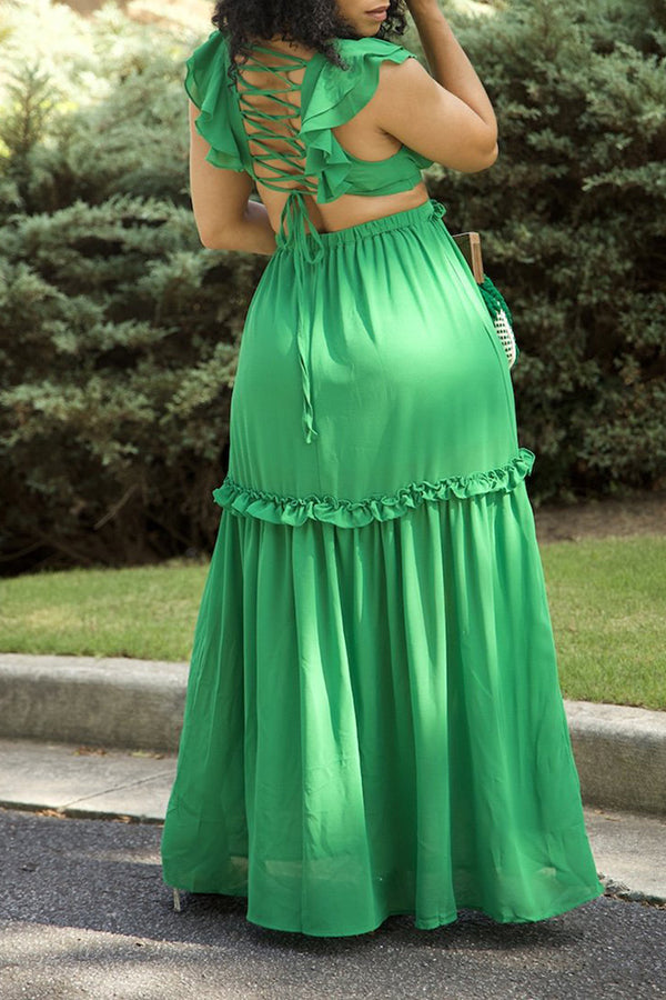 Elegant Ruffled Lace-up Backless Cutout V-Neck Maxi Dress-yoyobikini