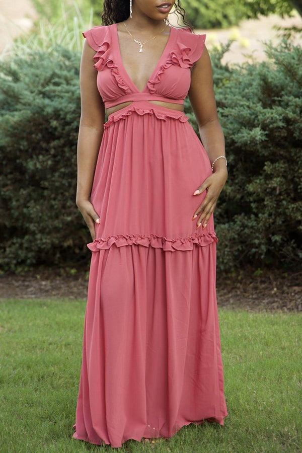 Elegant Ruffled Lace-up Backless Cutout V-Neck Maxi Dress-yoyobikini