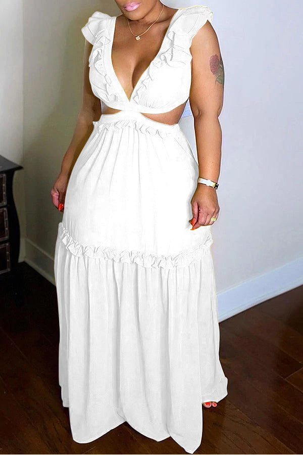 Elegant Ruffled Lace-up Backless Cutout V-Neck Maxi Dress-yoyobikini