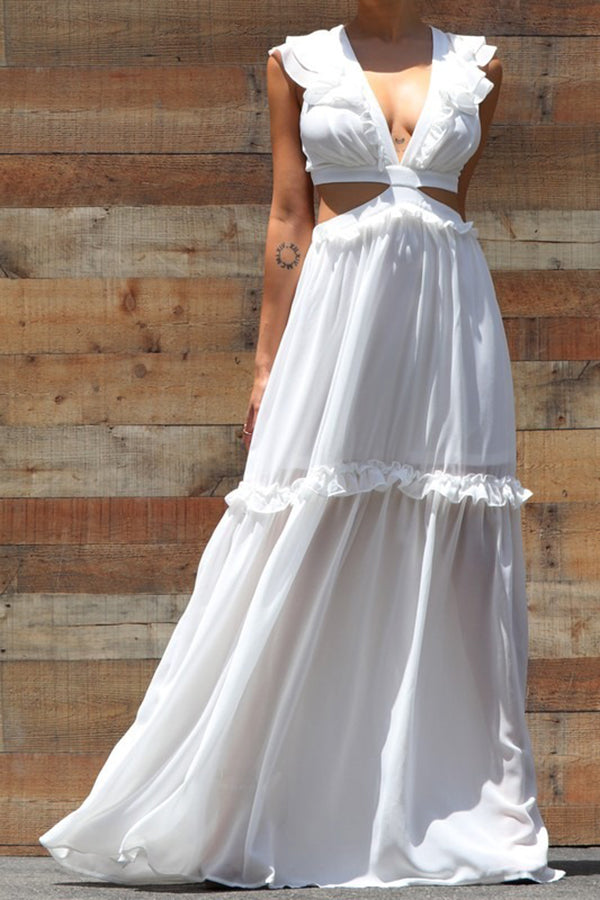 Elegant Ruffled Lace-up Backless Cutout V-Neck Maxi Dress-yoyobikini
