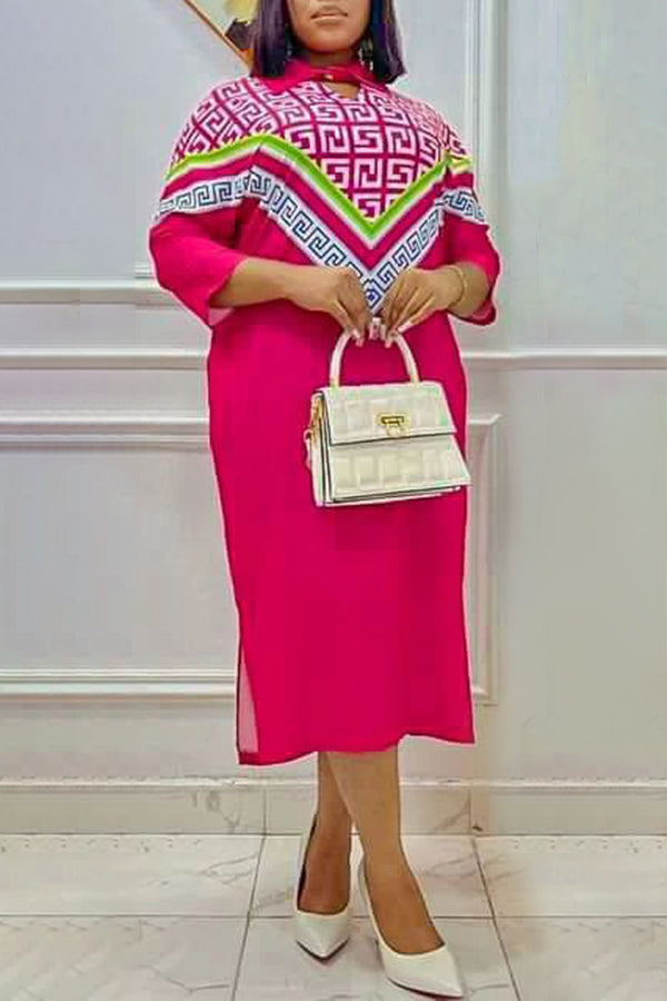 Stylish Elegant Geometric Print Plus Size Shirt Dress-yoyobikini