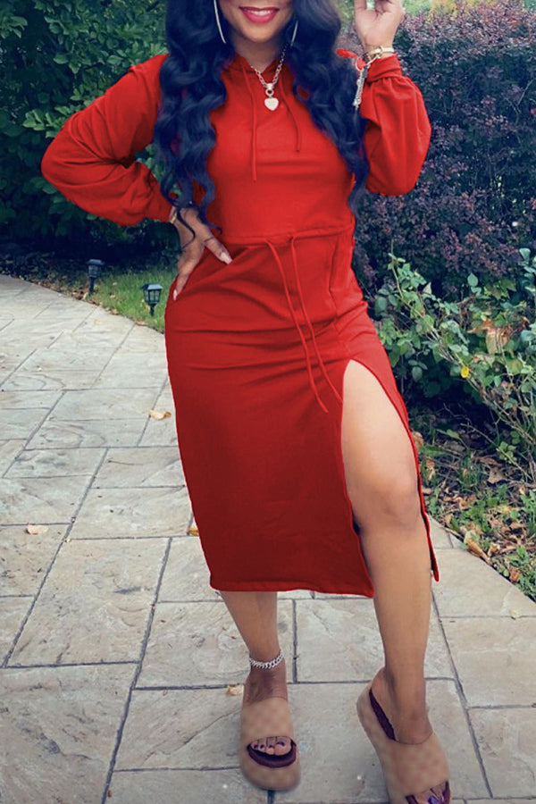 Sleek Casual Drawstring Hooded Sweatshirt Slit Midi Dress-yoyobikini