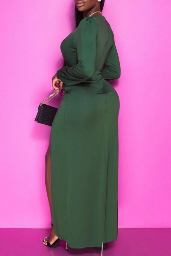 Elegant Commuter V-Neck Pleated Slit Long Sleeve Dress-yoyobikini