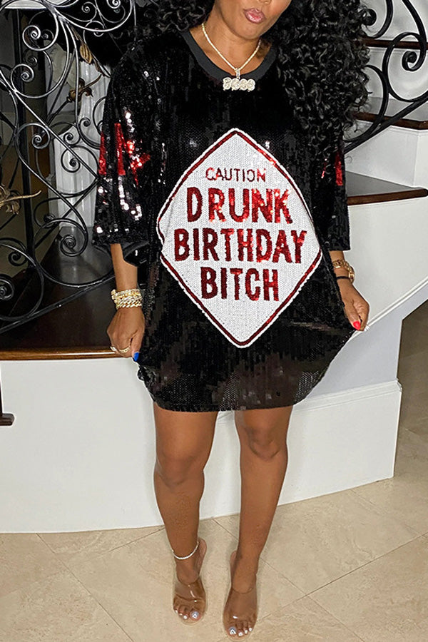 Fashion Sequin Loose Half Sleeve Tee Mini Dress