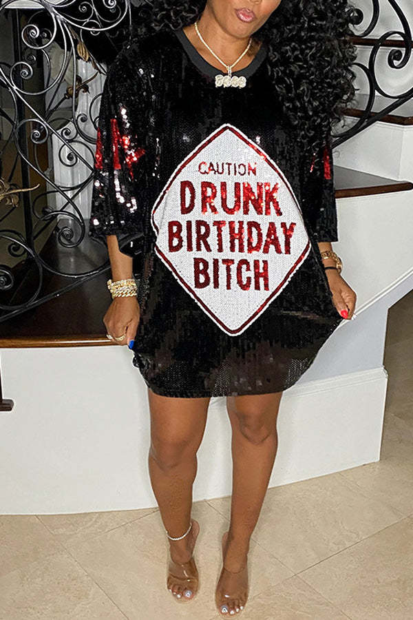 Fashion Sequin Loose Half Sleeve Tee Mini Dress