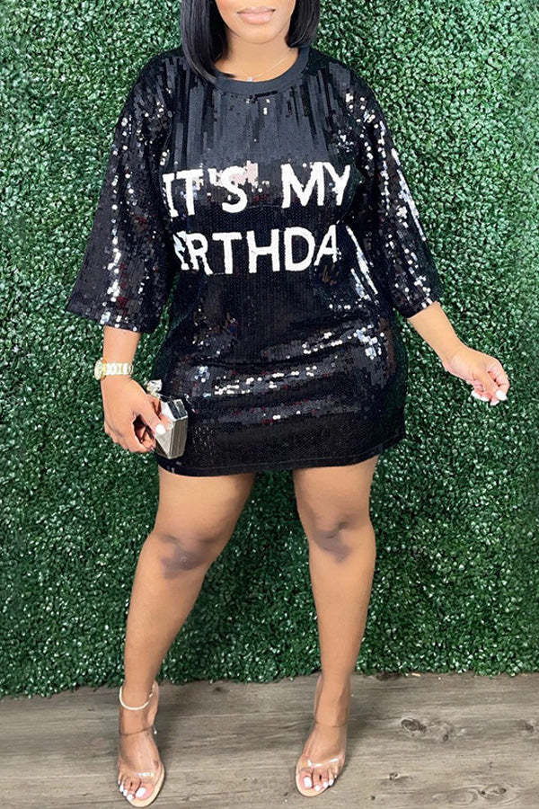 Fashion Sequin Loose Half Sleeve Tee Mini Dress
