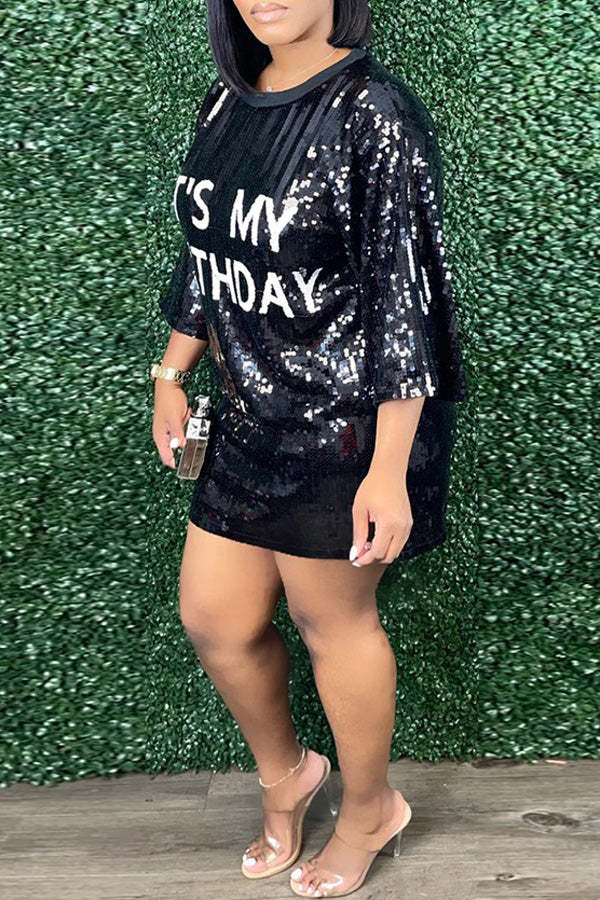 Fashion Sequin Loose Half Sleeve Tee Mini Dress
