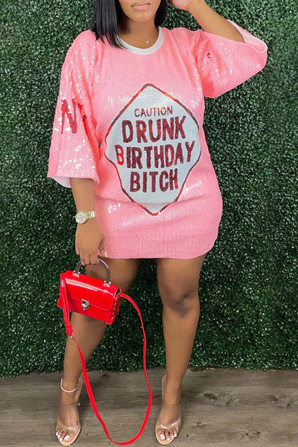 Fashion Sequin Loose Half Sleeve Tee Mini Dress