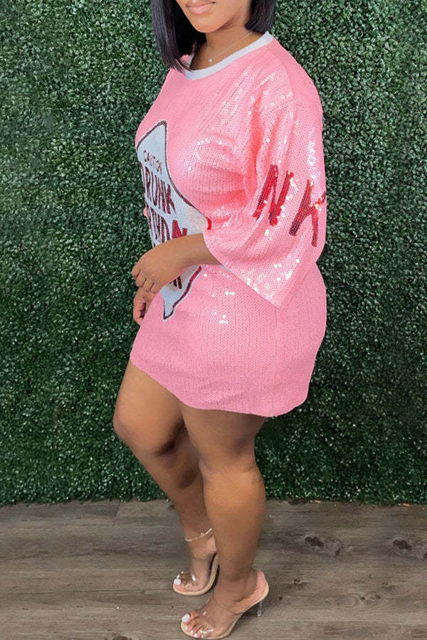 Fashion Sequin Loose Half Sleeve Tee Mini Dress