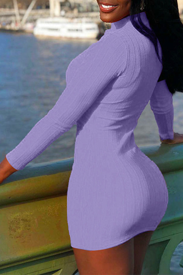 Fashion Knit Slim High Neck Long Sleeve Dress-yoyobikini