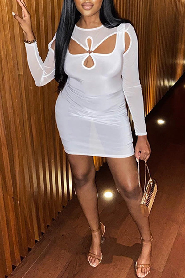 Fashion Sexy Round Neck Metal Ring Cutout Slim Fit Long Sleeve Dress-yoyobikini