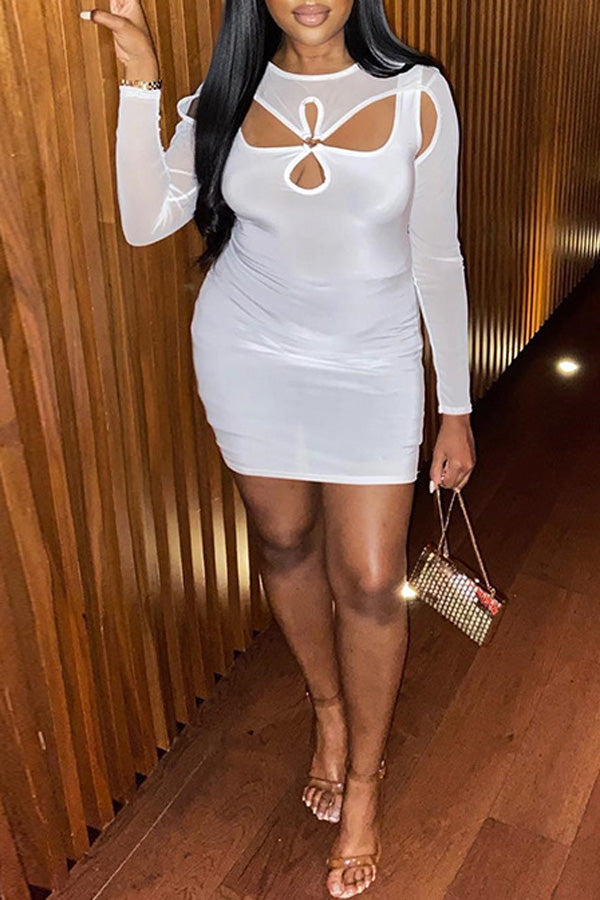 Fashion Sexy Round Neck Metal Ring Cutout Slim Fit Long Sleeve Dress-yoyobikini