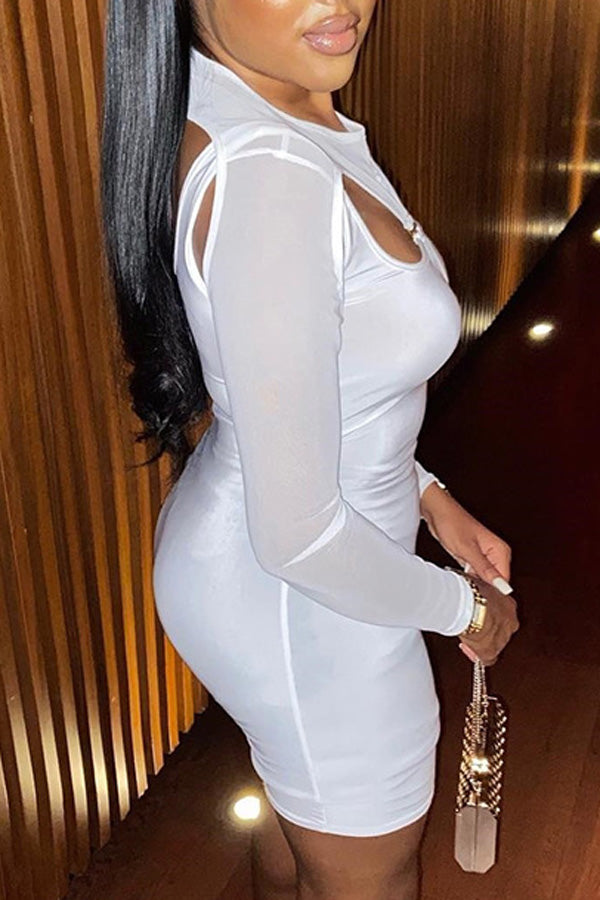 Fashion Sexy Round Neck Metal Ring Cutout Slim Fit Long Sleeve Dress-yoyobikini