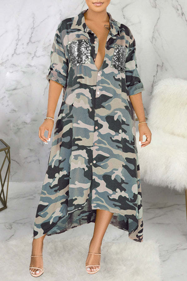 Sleek Camouflage Print Sequin Pocket Single Breasted Maxi Dress-yoyobikini