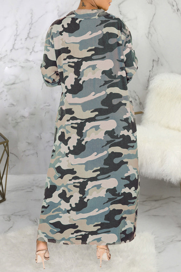 Sleek Camouflage Print Sequin Pocket Single Breasted Maxi Dress-yoyobikini