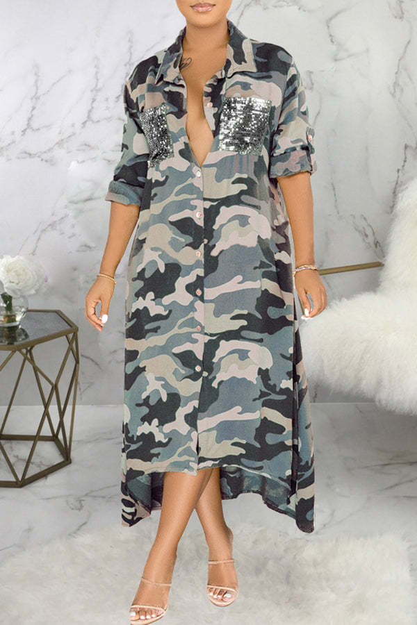 Sleek Camouflage Print Sequin Pocket Single Breasted Maxi Dress-yoyobikini