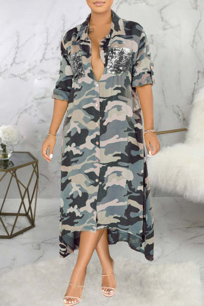 Sleek Camouflage Print Sequin Pocket Single Breasted Maxi Dress-yoyobikini