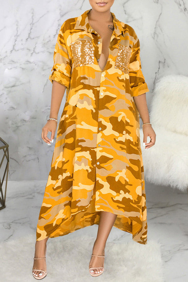 Sleek Camouflage Print Sequin Pocket Single Breasted Maxi Dress-yoyobikini