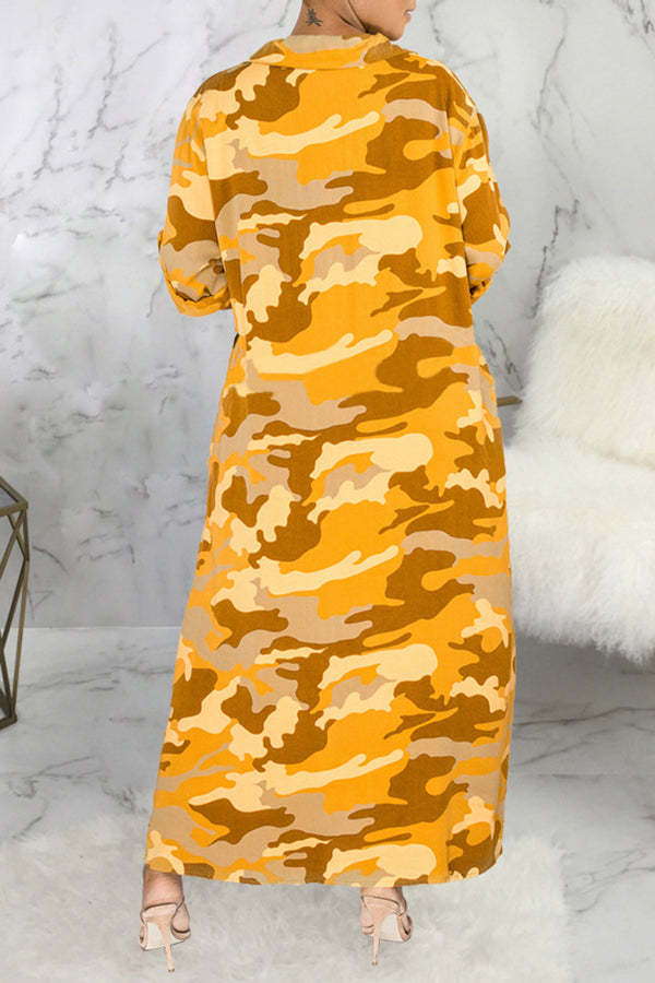 Sleek Camouflage Print Sequin Pocket Single Breasted Maxi Dress-yoyobikini