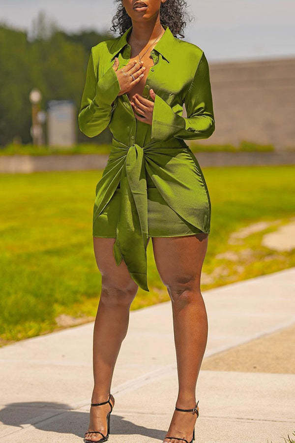 Fashion Long Sleeve Knotted Viscose Solid Color Mini Dress-yoyobikini