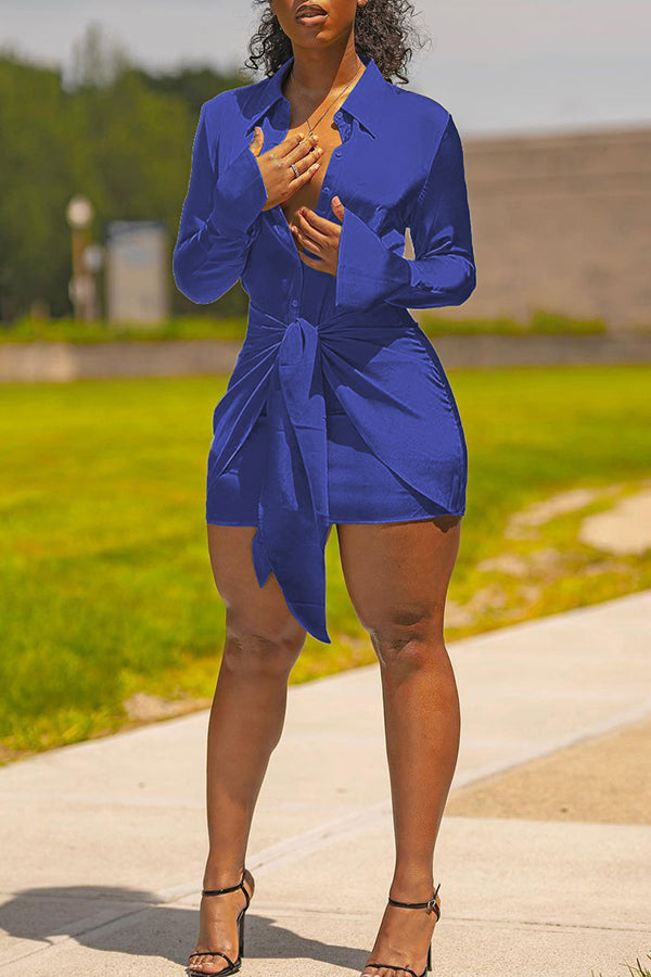 Fashion Long Sleeve Knotted Viscose Solid Color Mini Dress-yoyobikini