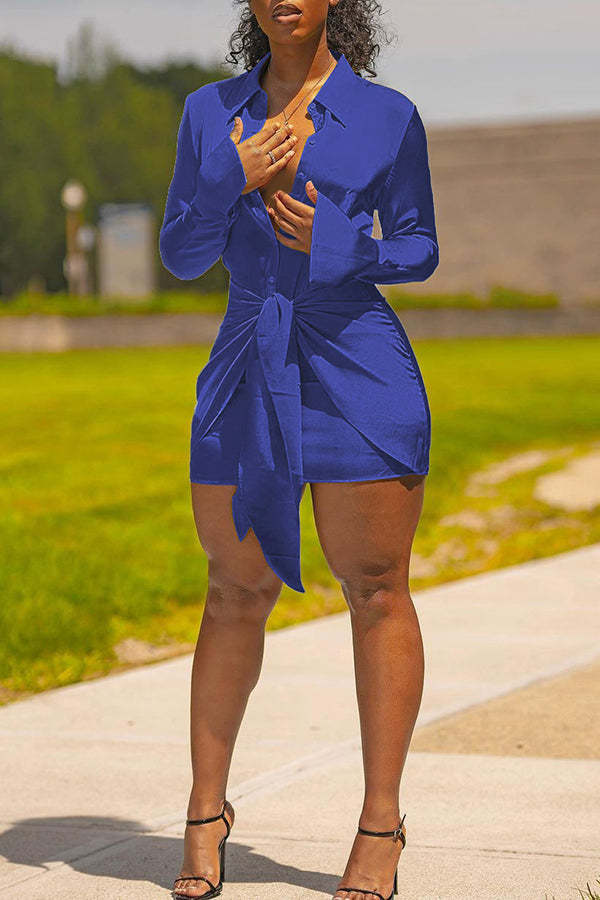 Fashion Long Sleeve Knotted Viscose Solid Color Mini Dress-yoyobikini