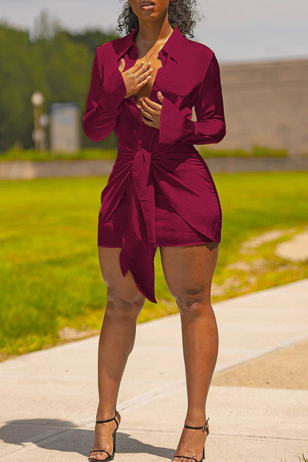 Fashion Long Sleeve Knotted Viscose Solid Color Mini Dress-yoyobikini