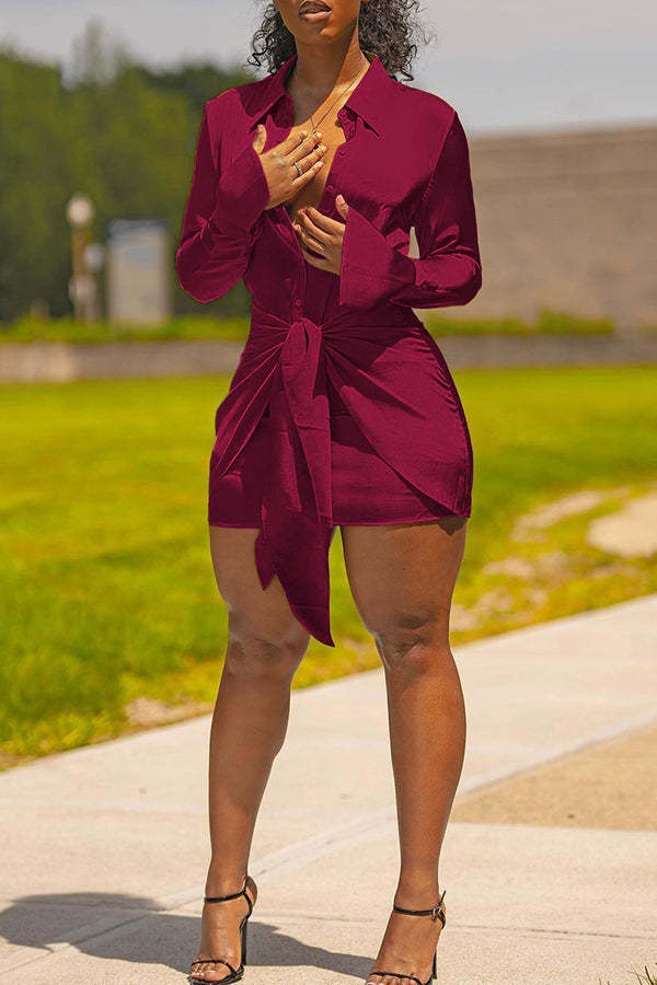 Fashion Long Sleeve Knotted Viscose Solid Color Mini Dress-yoyobikini