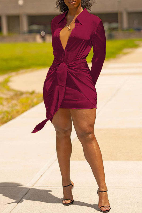 Fashion Long Sleeve Knotted Viscose Solid Color Mini Dress-yoyobikini