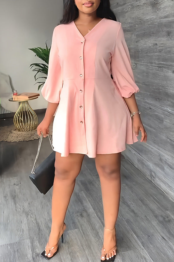 Temperament Solid Color V-neck Half Single Breasted A-Line Mini Dress-yoyobikini